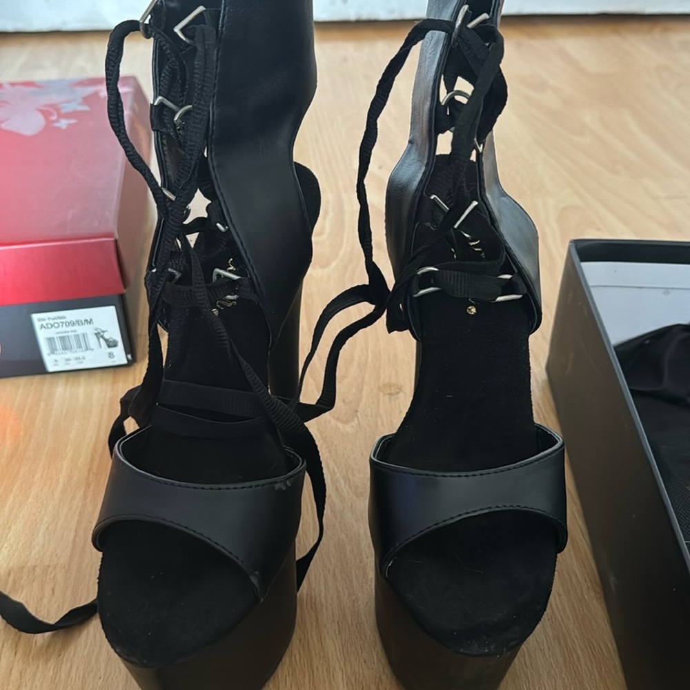 Pleaser black matte lace up stripper heels